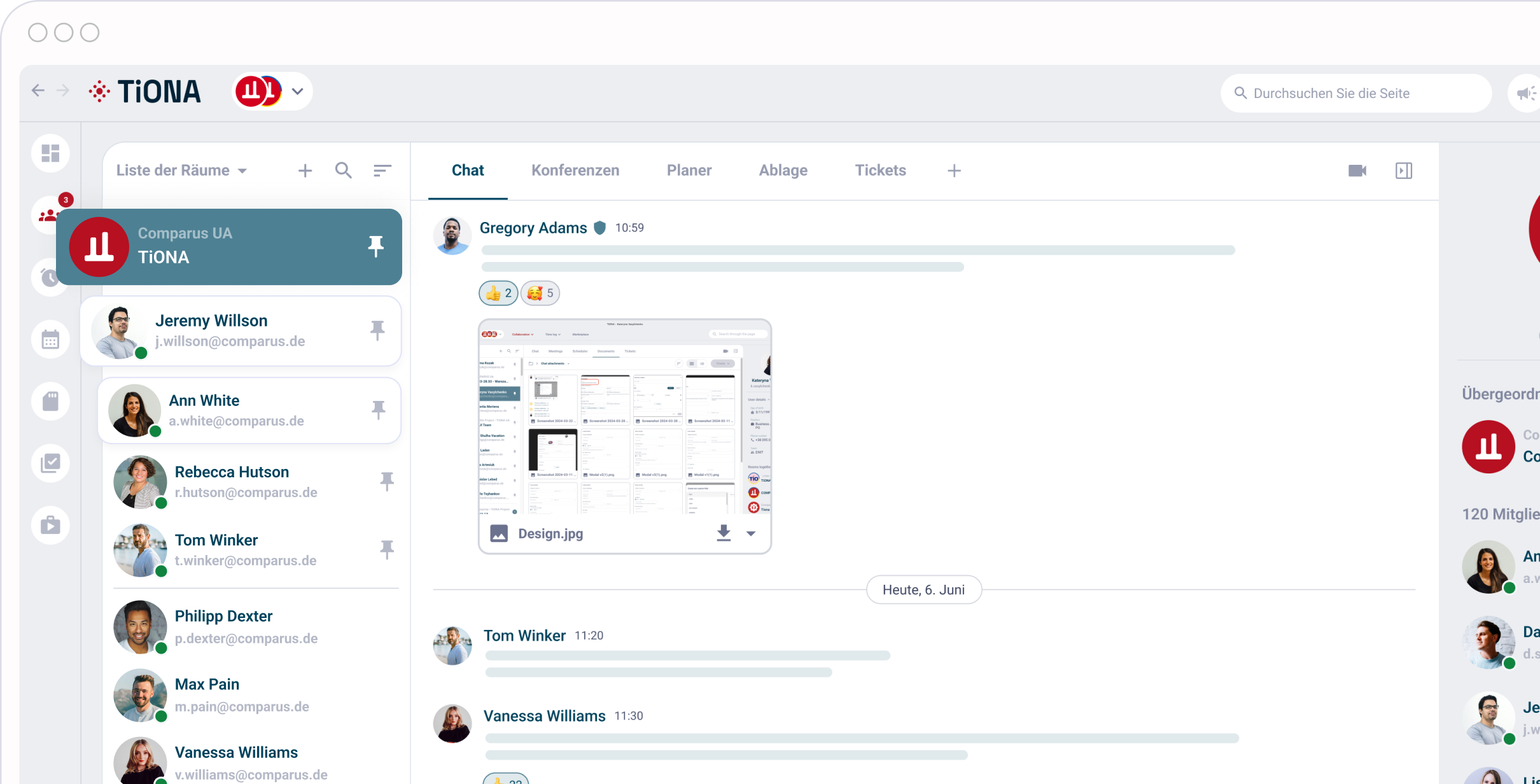 TiONA-Chat-Schnittstelle mit Anzeige von Unterhaltungen, Dateifreigabe und Benutzerdetails