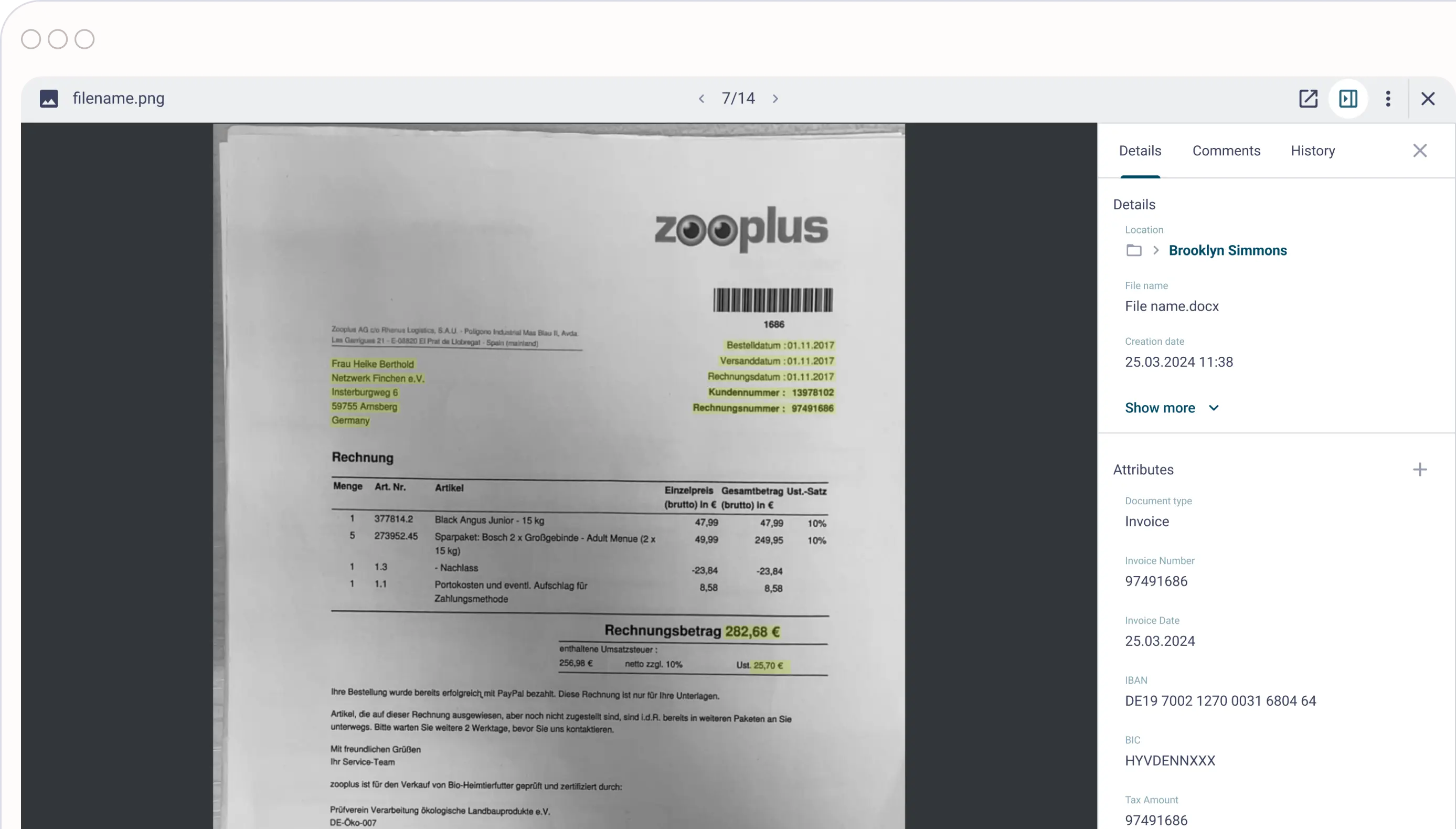 Dokumentenscanner mit Rechnungsnummer, Datum, Kunde und Betrag