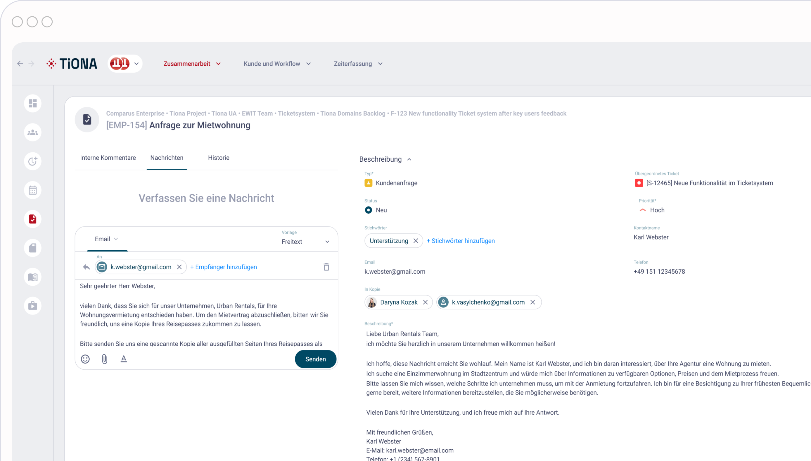 TiONA-E-Mail-Editor zur Wohnungsanfrage
