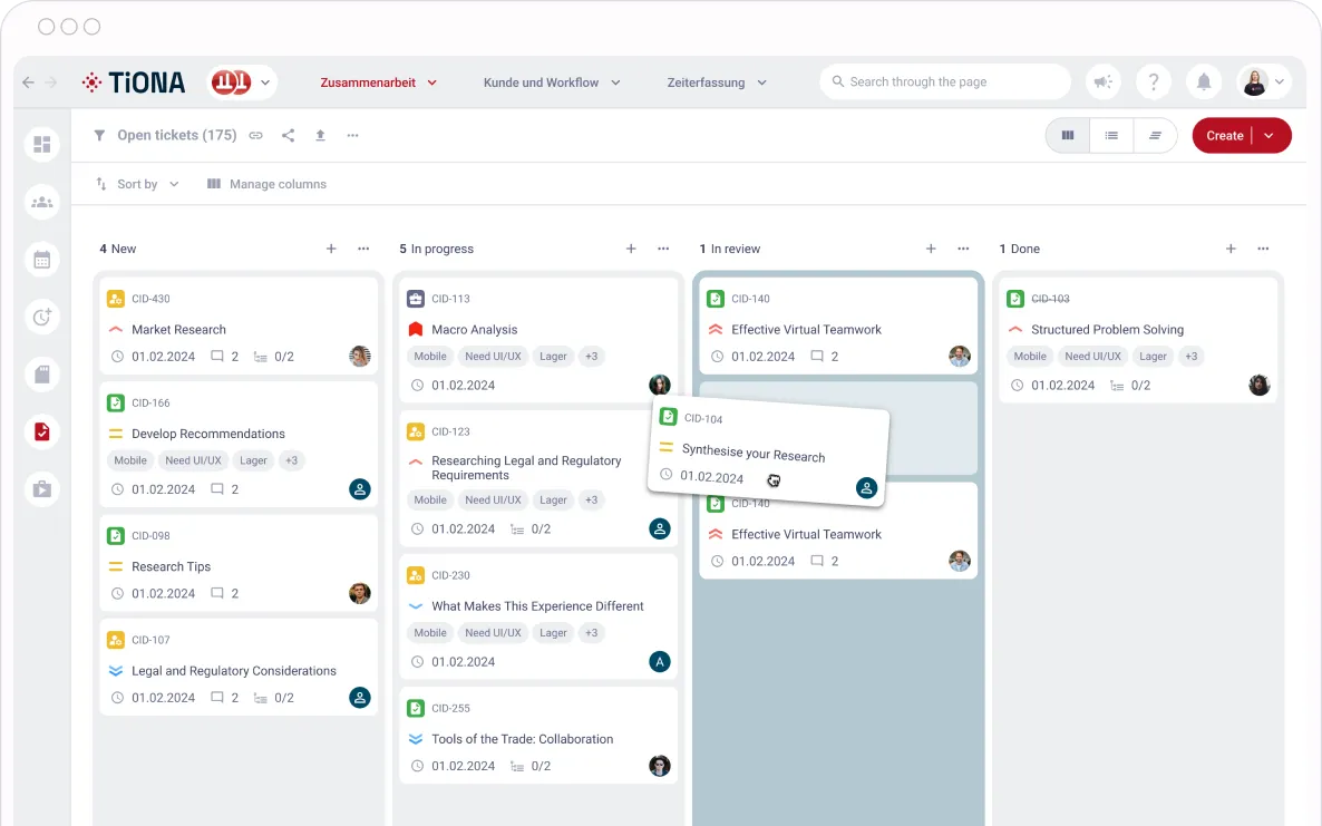 TiONA-Ticketübersicht mit vier Statusspalten