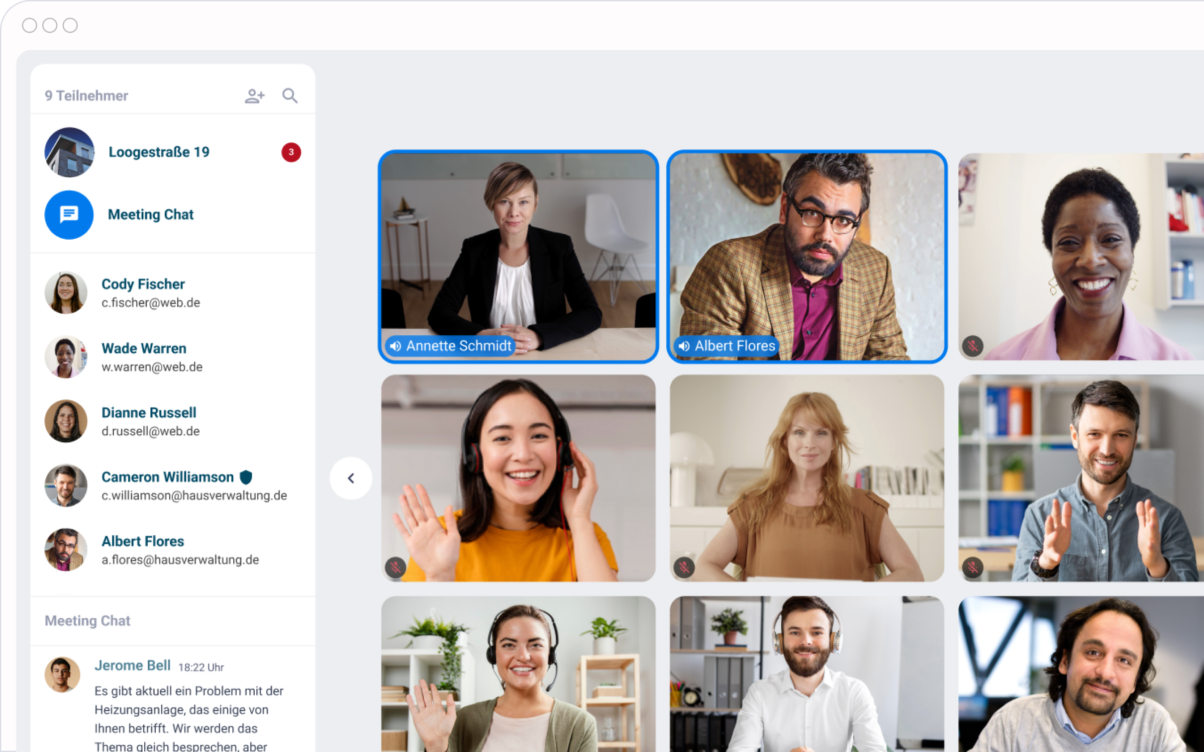 Virtuelle Meeting-Oberfläche mit Video-Feeds der Teilnehmer, Chat-Panel und Teilnehmerliste