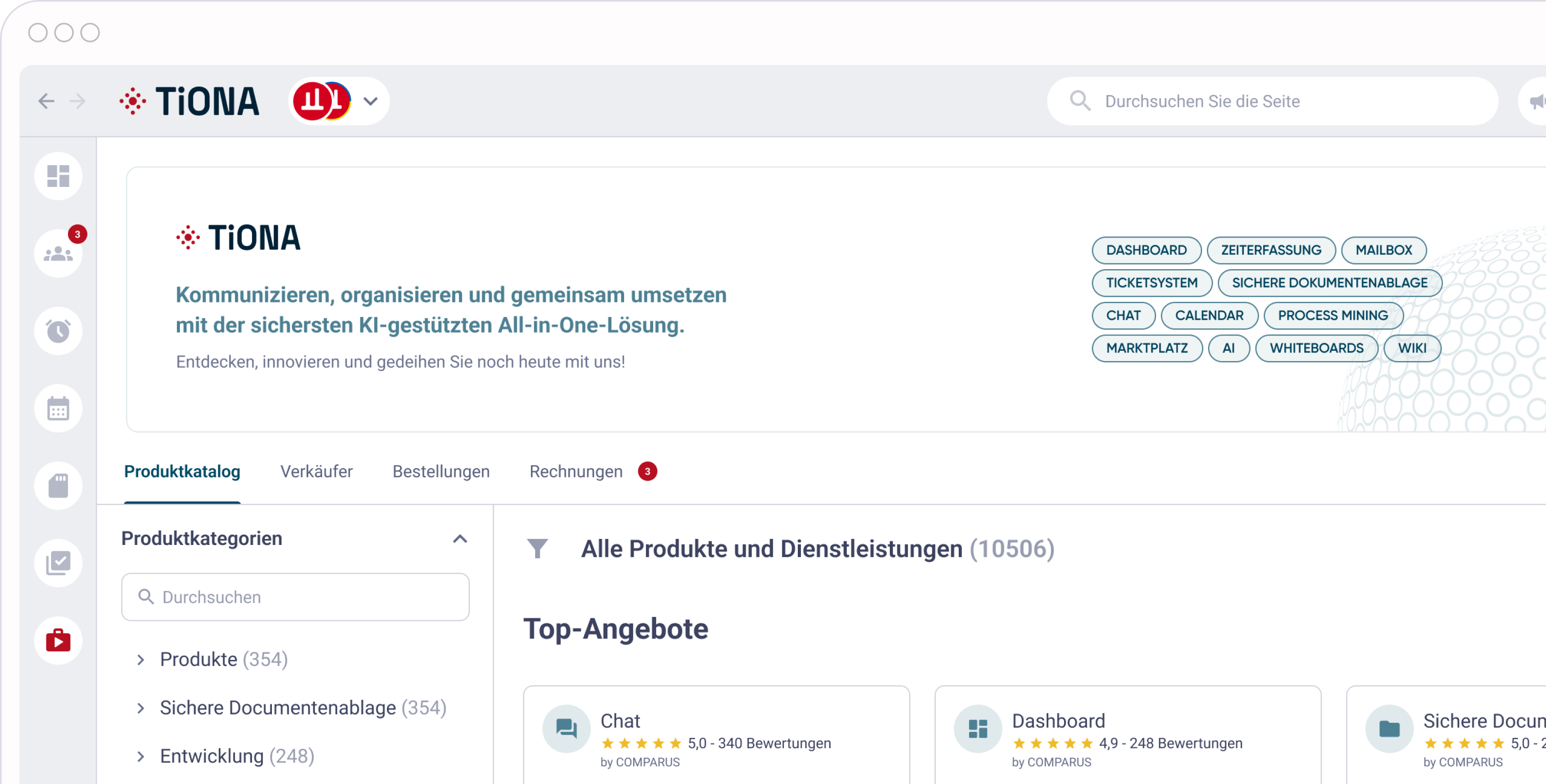 TiONA Produktkatalogseite mit Produktkategorien wie 'Chat' und 'Dashboard' mit Bewertungen