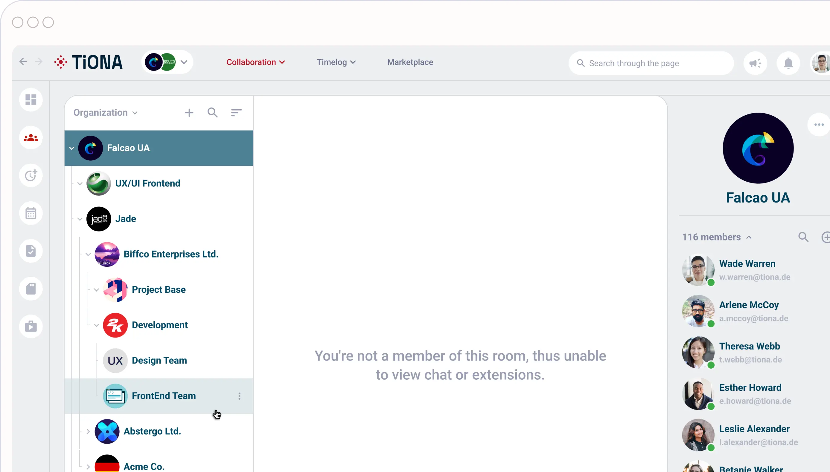 TiONA-Organisationsmanagement-Schnittstelle mit hierarchischer Einheitenliste und Zuständen