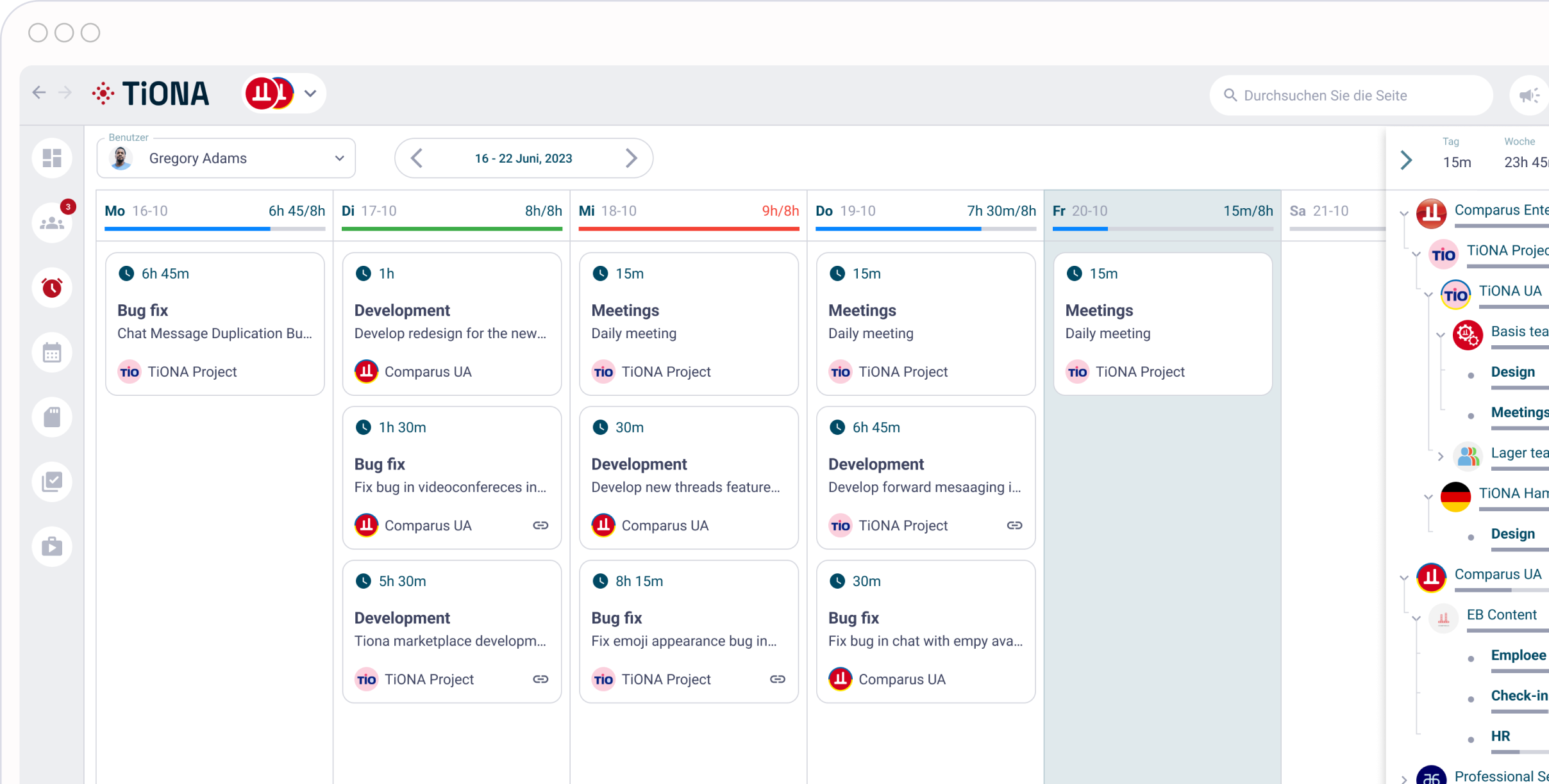 TiONA Zeiterfassungsschnittstelle mit Aufgabenverfolgung, Stundenerfassung und Berichtsparametern